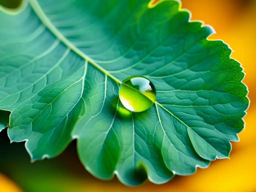 Una gota de agua suspendida en una hoja verde, mostrando la importancia del manejo del estrés hídrico en cultivos orgánicos