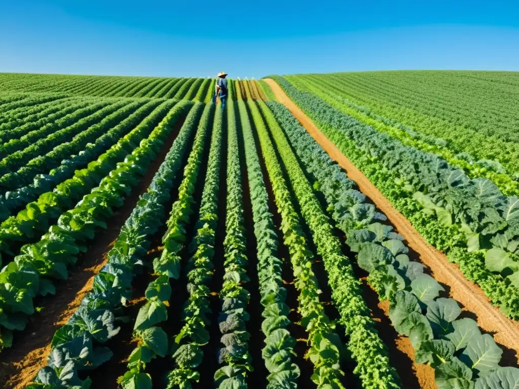 En una granja, un agricultor cuida de sus cultivos en un campo verde y exuberante bajo el cielo azul