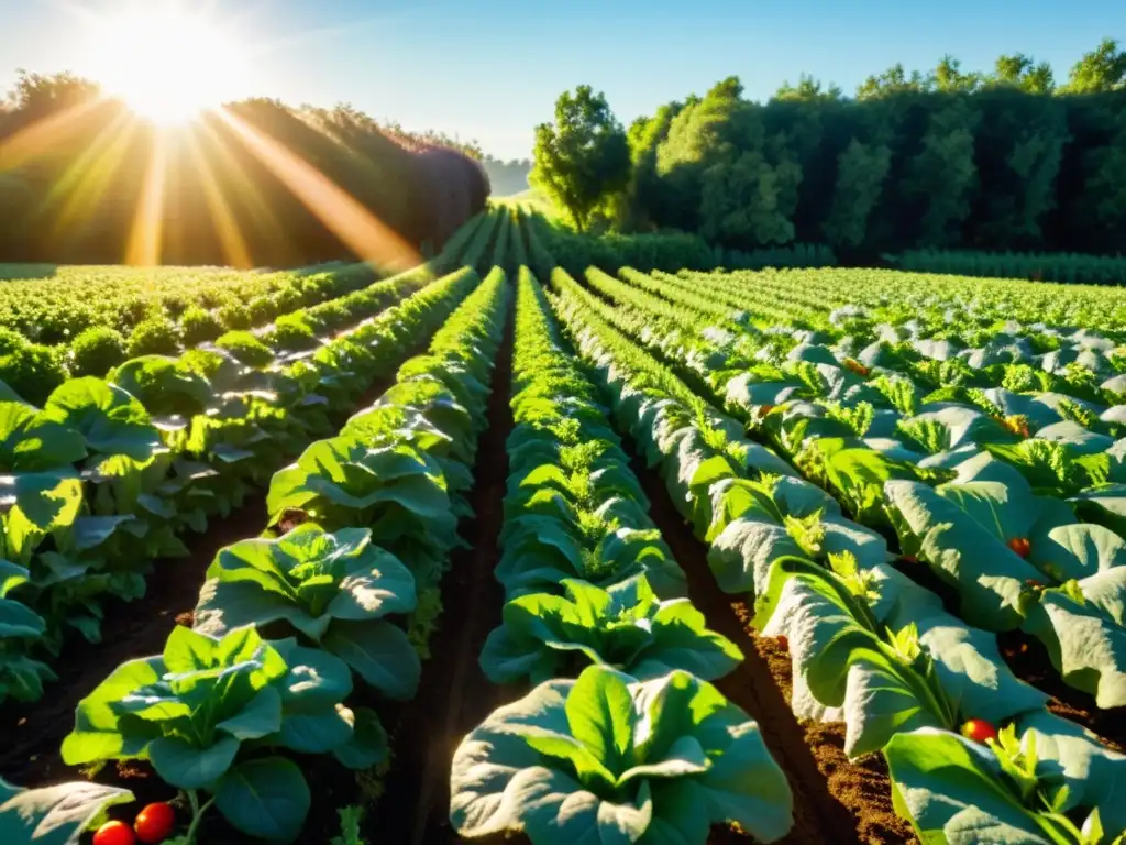 Granja agroecológica con cultivos diversos, sol brillante y biodiversidad