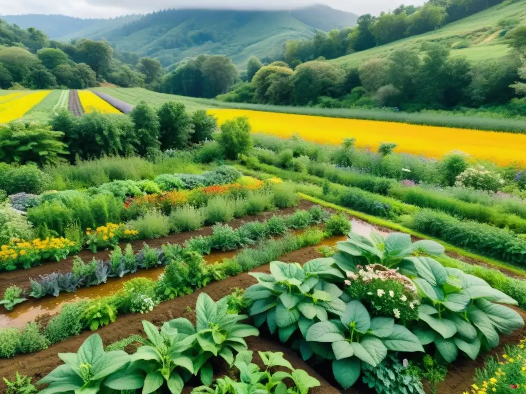 Una granja agroecológica exuberante y vibrante con cultivos diversos, rodeada de vida silvestre y un bosque diverso al fondo