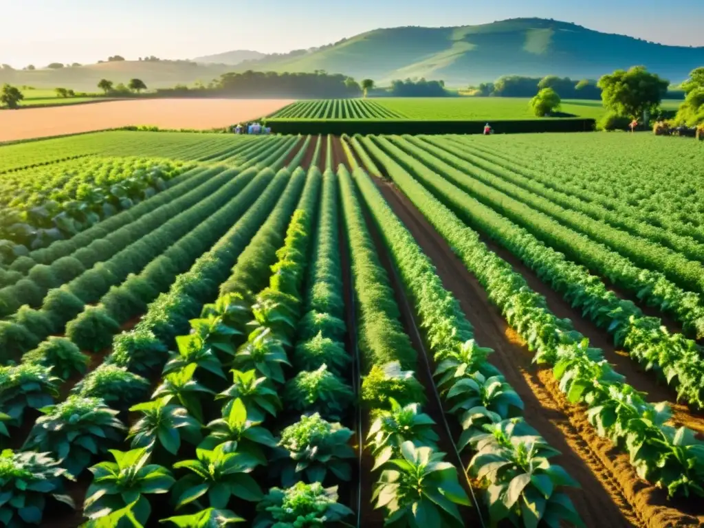 Una granja agroforestal exuberante con cultivos verdes vibrantes y árboles frutales cargados de productos maduros