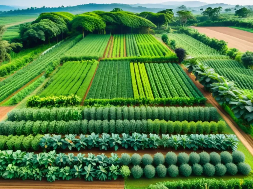 Una granja agroforestal exuberante y vibrante con cultivos ordenados entre árboles frutales