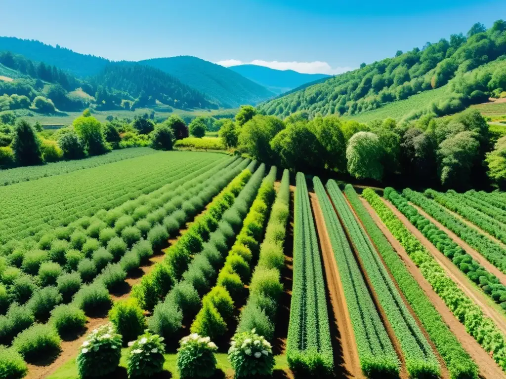 Una granja agroforestal iluminada por el sol con cultivos de árboles frutales y huertos, rodeada de un frondoso bosque