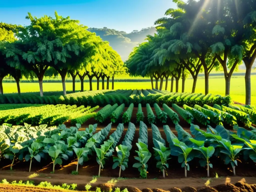 Una granja agroforestal orgánica, con árboles frutales y cultivos en armonía, muestra la integración agroforestal en granjas orgánicas