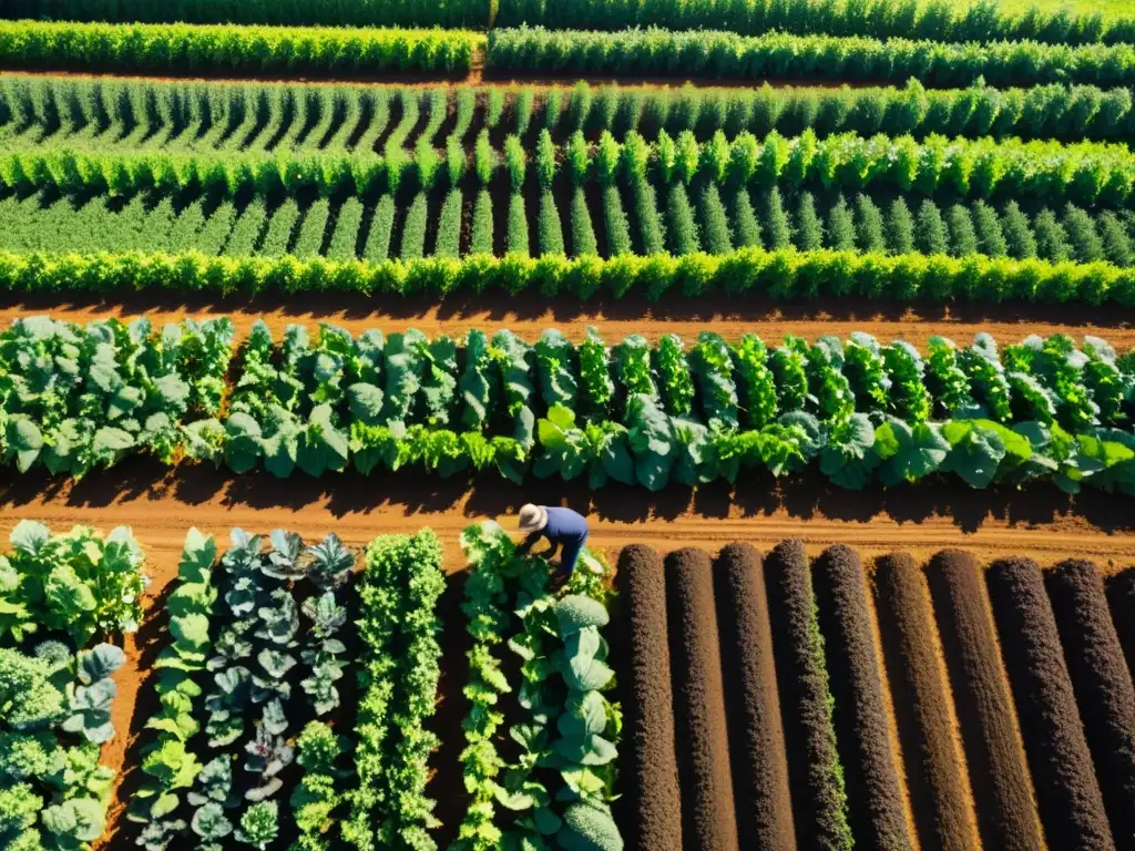 Granja orgánica biodiversa: cultivos, agricultor, vida silvestre y sol entre hojas