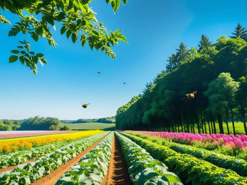 Granja orgánica biodiversa con cultivos coloridos bajo un cielo azul