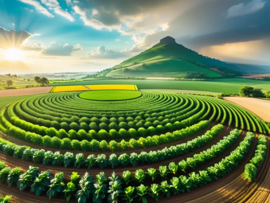 Una granja circular orgánica sostenible con cultivos verdes y diversidad de agricultores