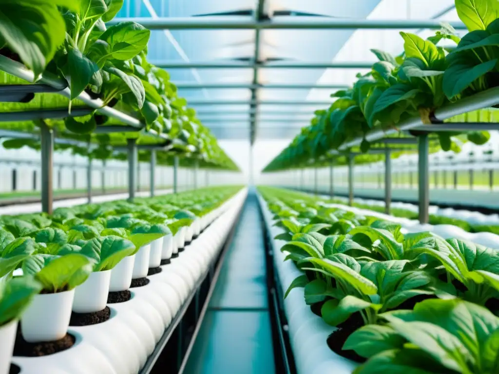 Una granja hidropónica moderna muestra filas de vegetales verdes en agua nutriente