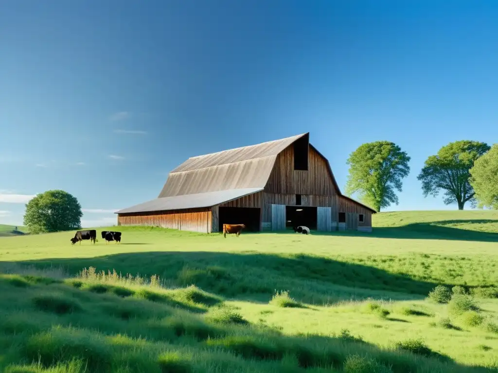 Granja minimalista en un prado verde, con un cielo azul