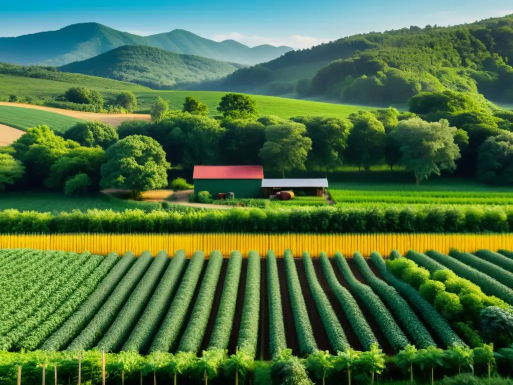 Una granja orgánica en armonía con un área protegida, reflejando la coexistencia de agricultura orgánica y áreas protegidas en equilibrio sereno