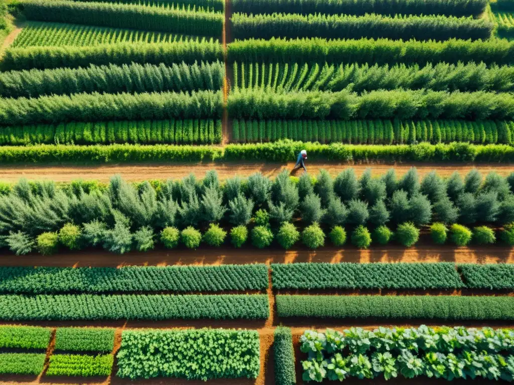 Una granja orgánica muestra la armoniosa integración agroforestal con árboles frutales y cultivos, transmitiendo tranquilidad y abundancia