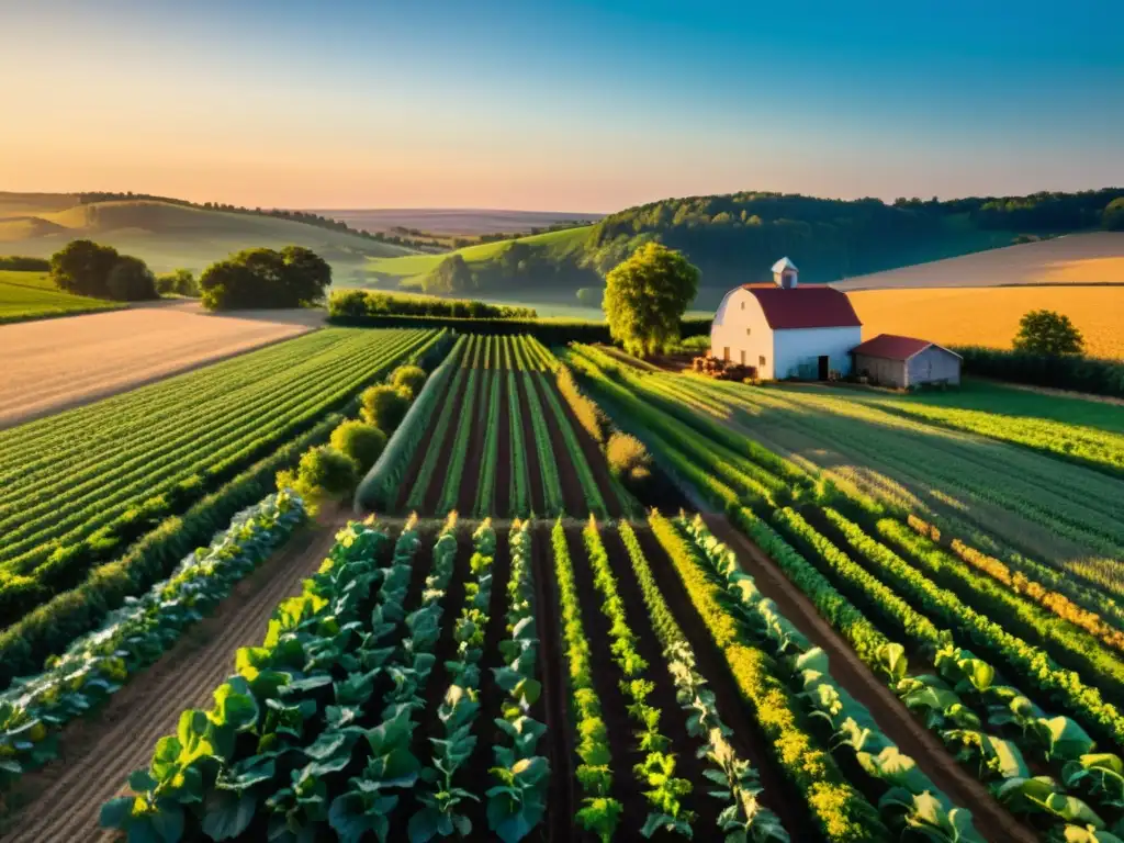 Una granja orgánica al atardecer, con cultivos exuberantes y una casa rústica