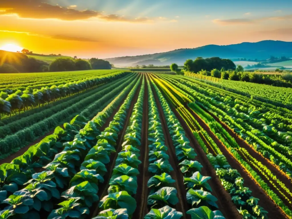 Una granja orgánica próspera al atardecer, con cultivos ordenados