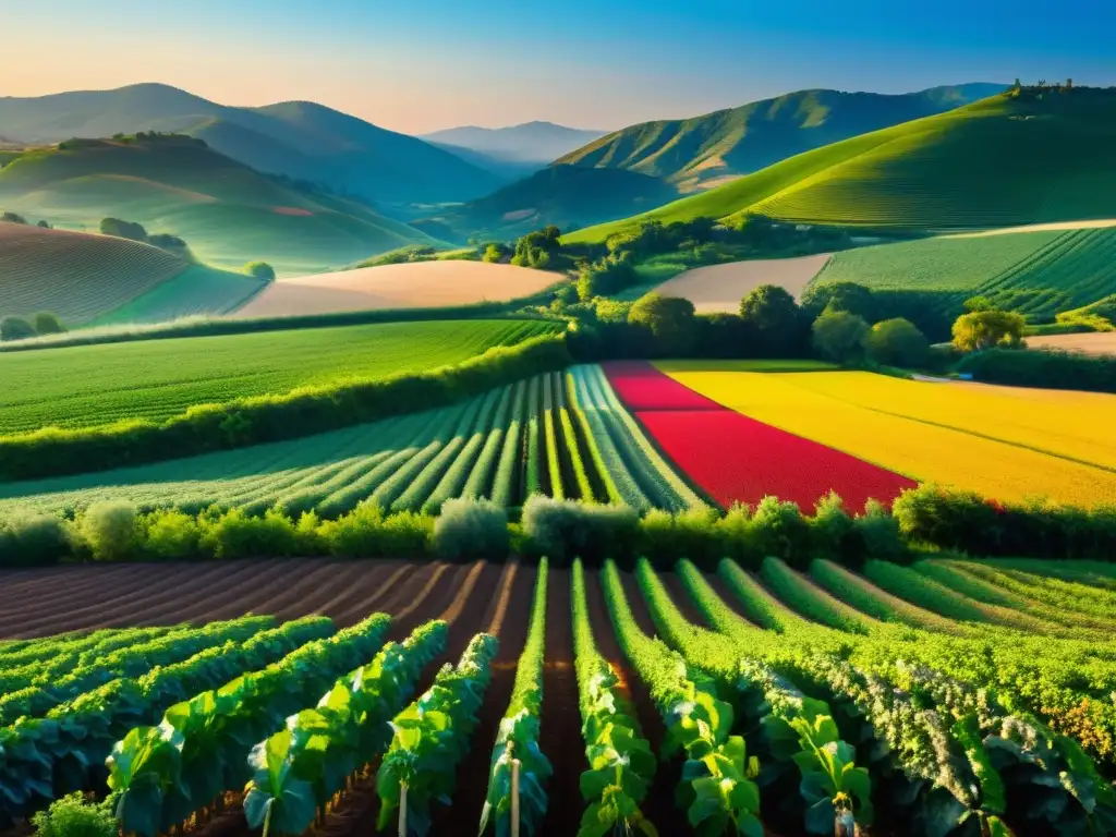 Una granja orgánica bañada en la cálida luz del atardecer, repleta de cultivos vibrantes