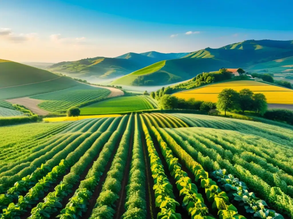 Una granja orgánica próspera bañada en luz dorada, con campos verdes y cultivos vibrantes