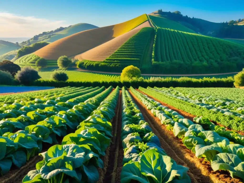 Una granja orgánica bañada en luz dorada, repleta de vegetales y verduras vibrantes