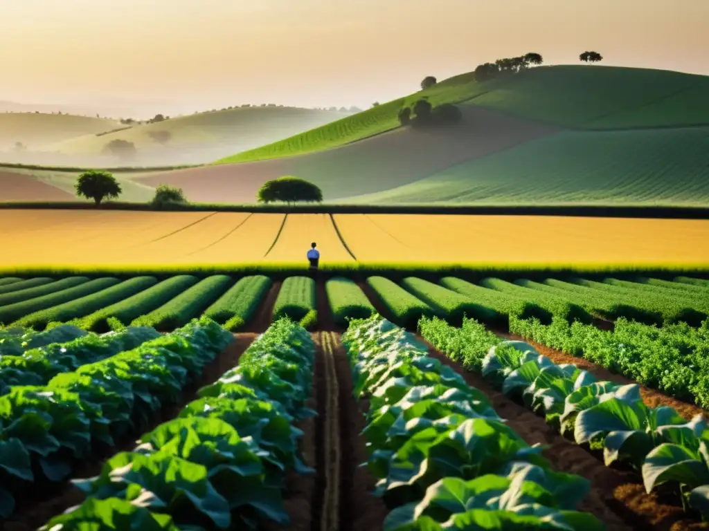 Una granja orgánica bañada por la luz dorada del sol, con cultivos vibrantes y cooperativas en la agricultura orgánica