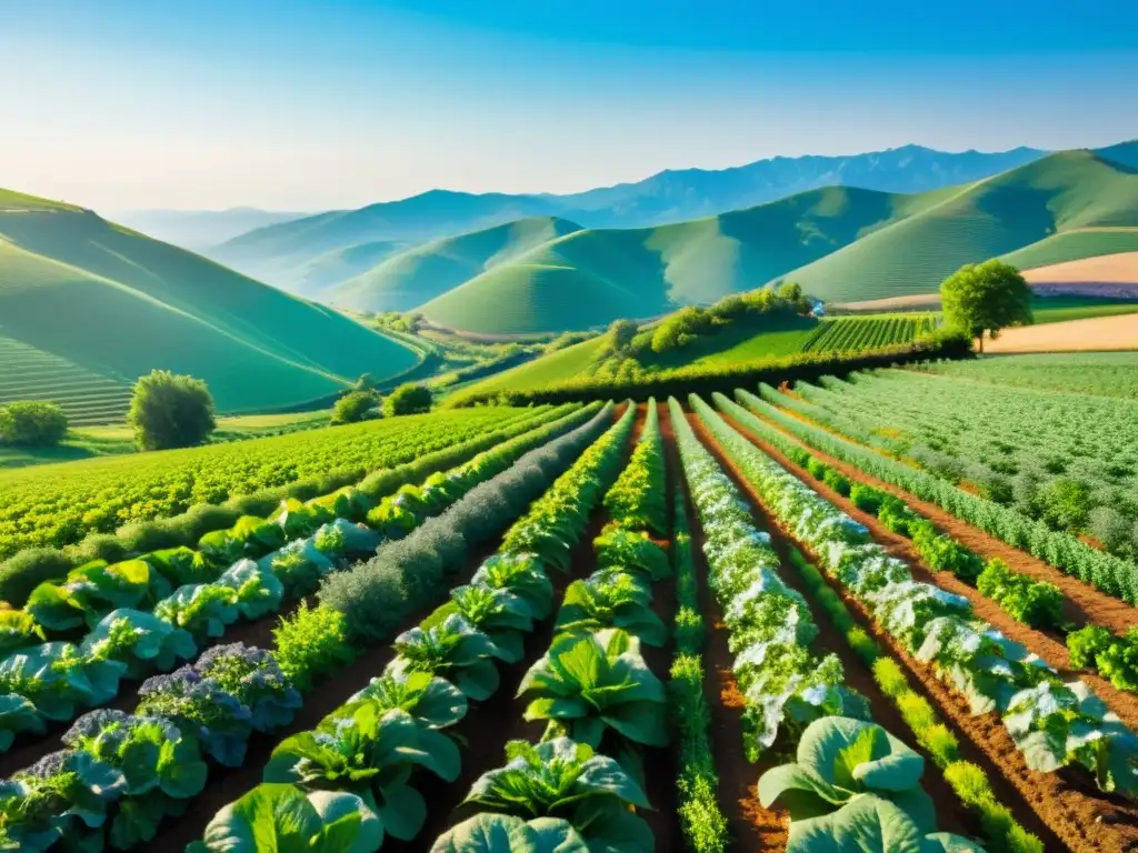 Una granja orgánica bañada por el sol con cultivos vibrantes y colmenas zumbando entre las flores