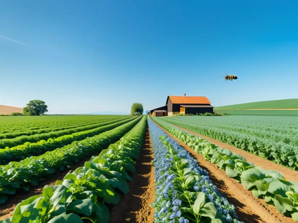 Granja orgánica bañada por el sol, con cultivos verdes y ordenados, una casa de campo y un cielo azul