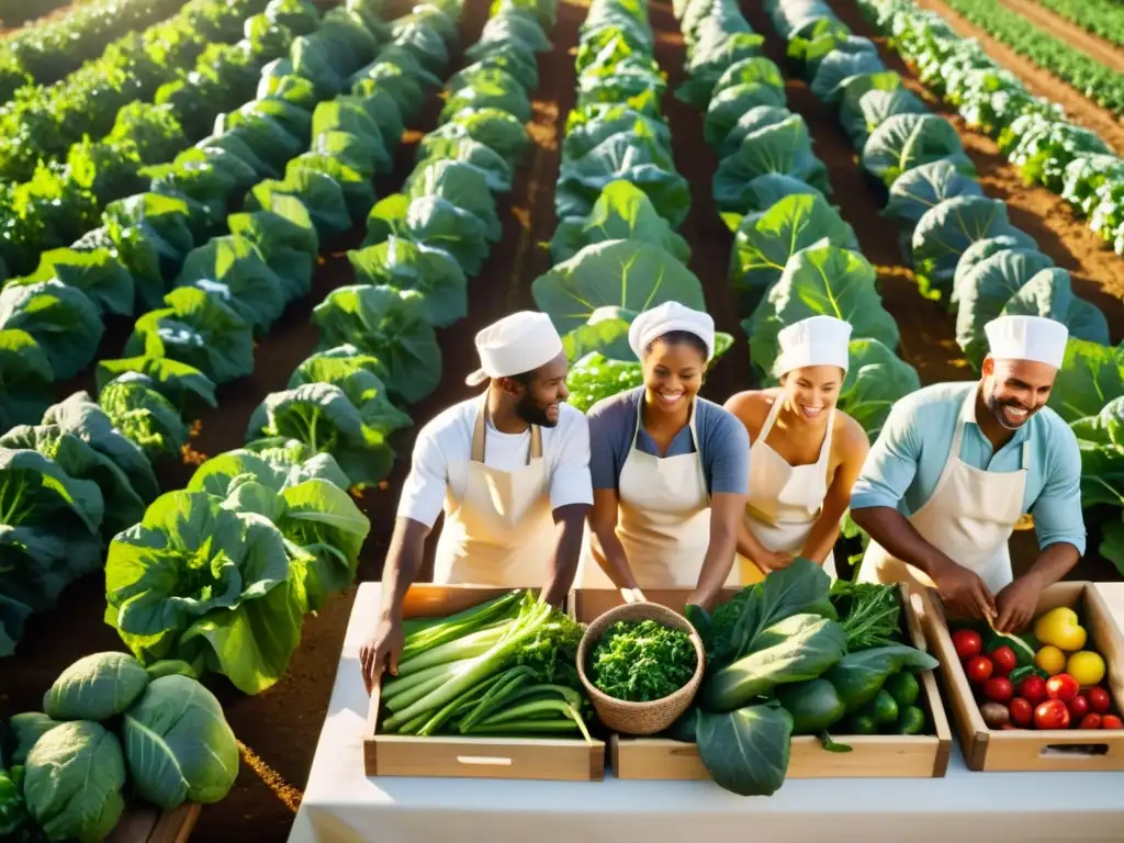 Una granja orgánica bañada por el sol con chefs pioneros disfrutando de la gastronomía orgánica en un escenario idílico