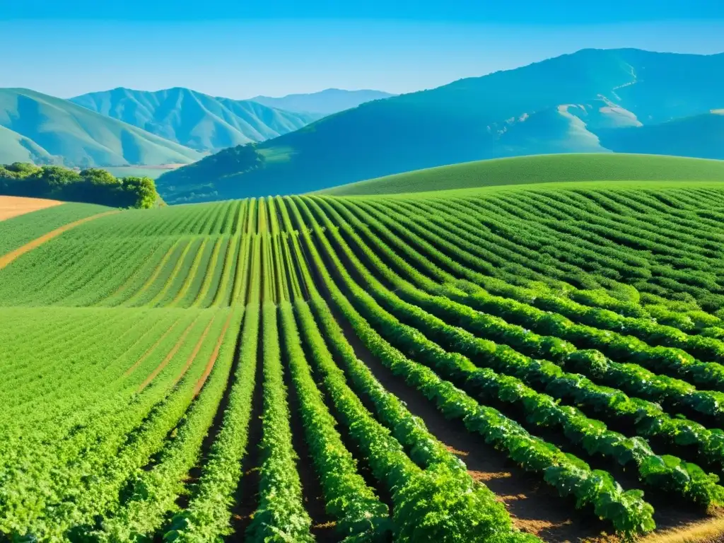 Granja orgánica bañada por el sol con cultivos verdes, cielo azul y colinas