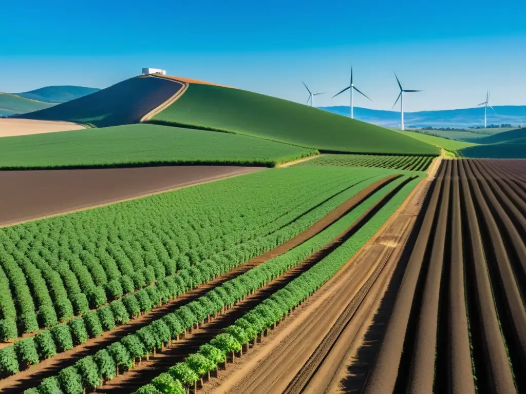 Granja orgánica bañada por el sol con cultivos, colinas y energía renovable en granjas orgánicas