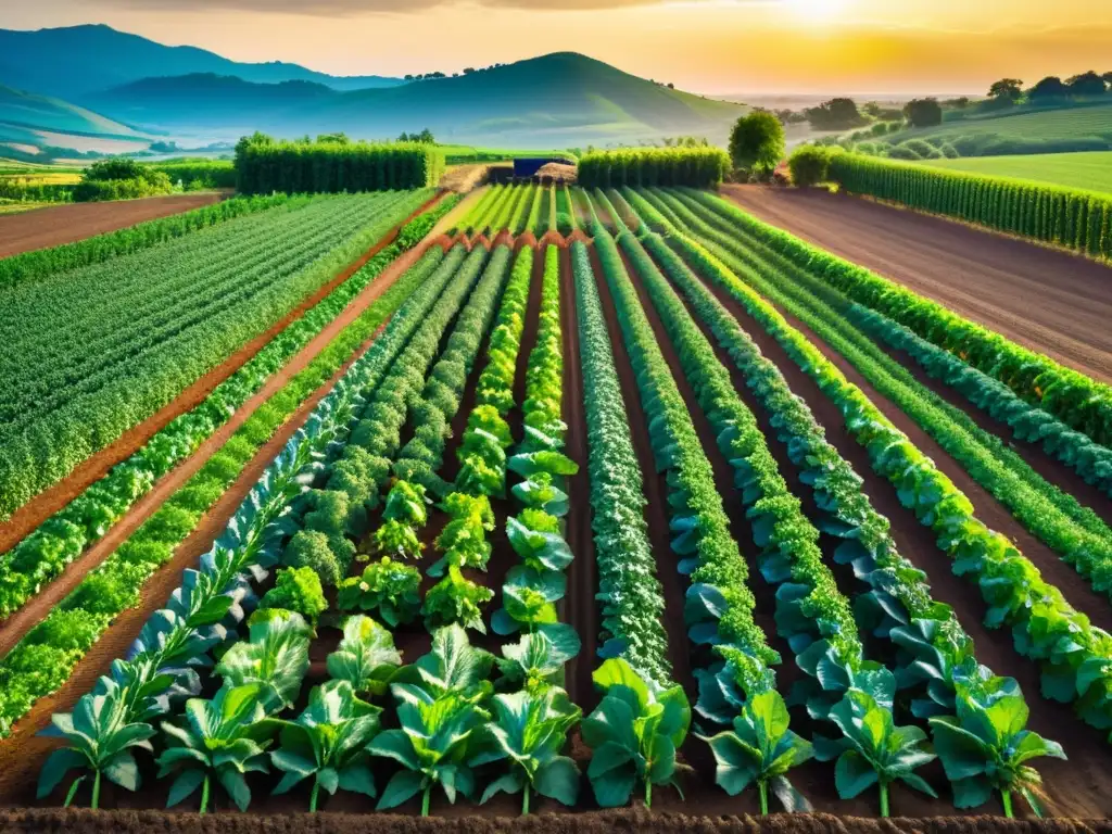 Una granja orgánica bañada por el sol con cultivos exuberantes, alimentos frescos y granjeros trabajando