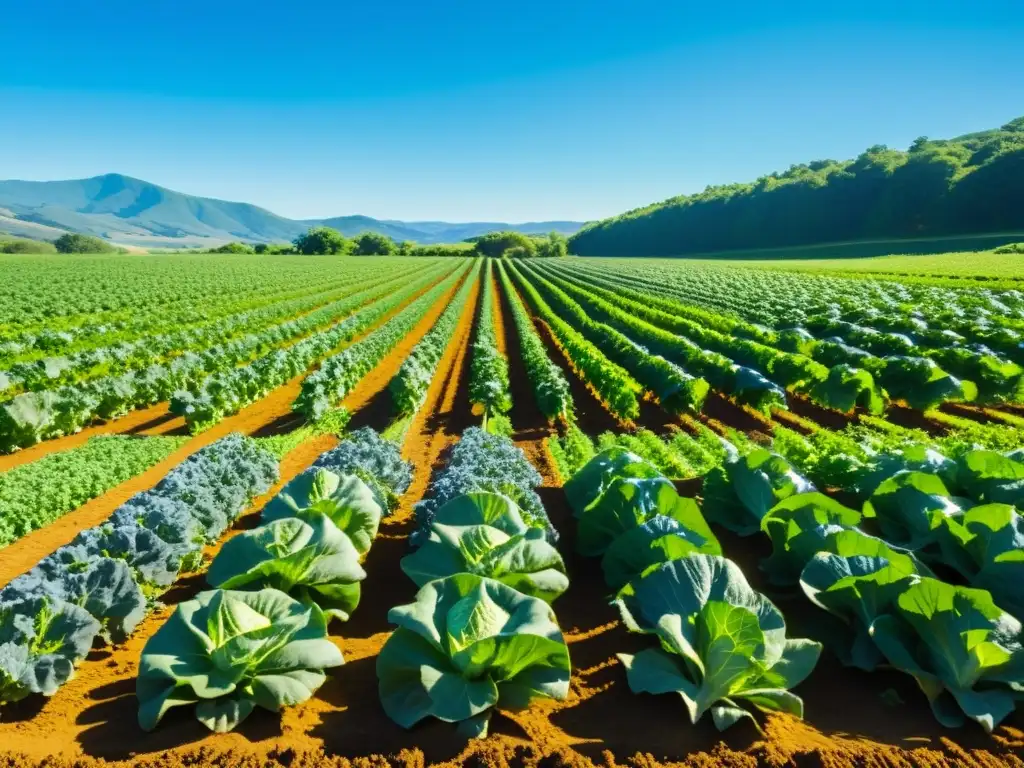 Una granja orgánica bañada por el sol, con hileras de verduras verdes bajo un cielo azul brillante