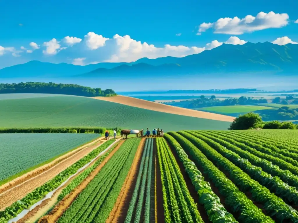 Una granja orgánica bañada por el sol con campos vibrantes y agricultores en armonía con la técnica biodinámica agricultura orgánica