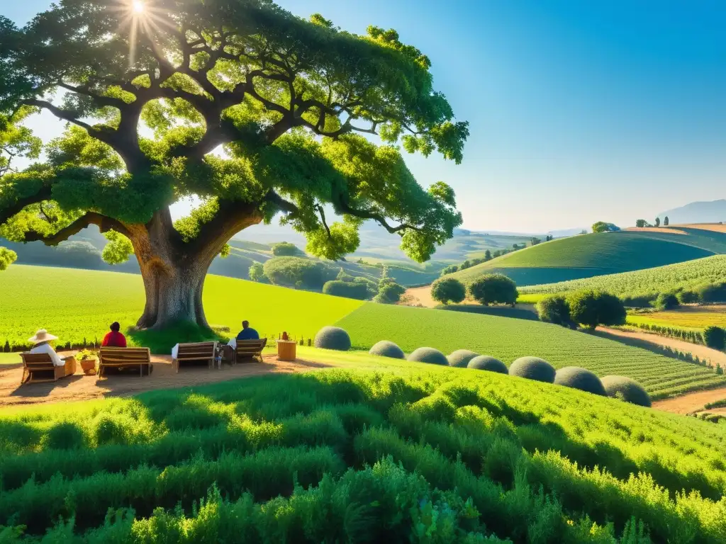 Una granja orgánica bañada por el sol, donde filósofos debaten bajo un roble