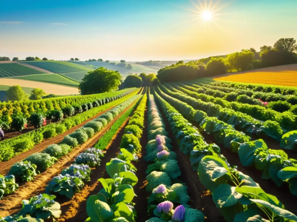 Una granja orgánica bañada por el sol con frutas y verduras coloridas