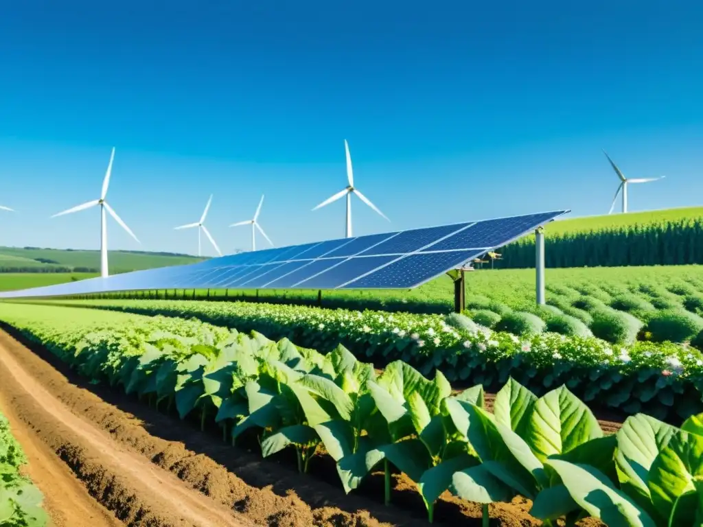 Granja orgánica bañada por el sol, con cultivos verdes y energía renovable