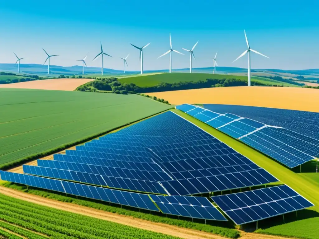 Granja orgánica bañada por el sol con paneles solares y turbinas eólicas, reflejando armonía entre naturaleza y energías renovables