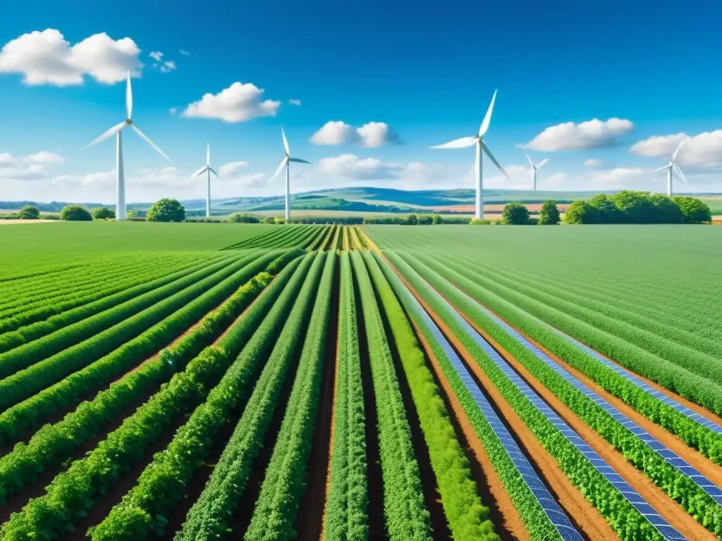 Granja orgánica bañada por el sol, con cultivos verdes y energía renovable