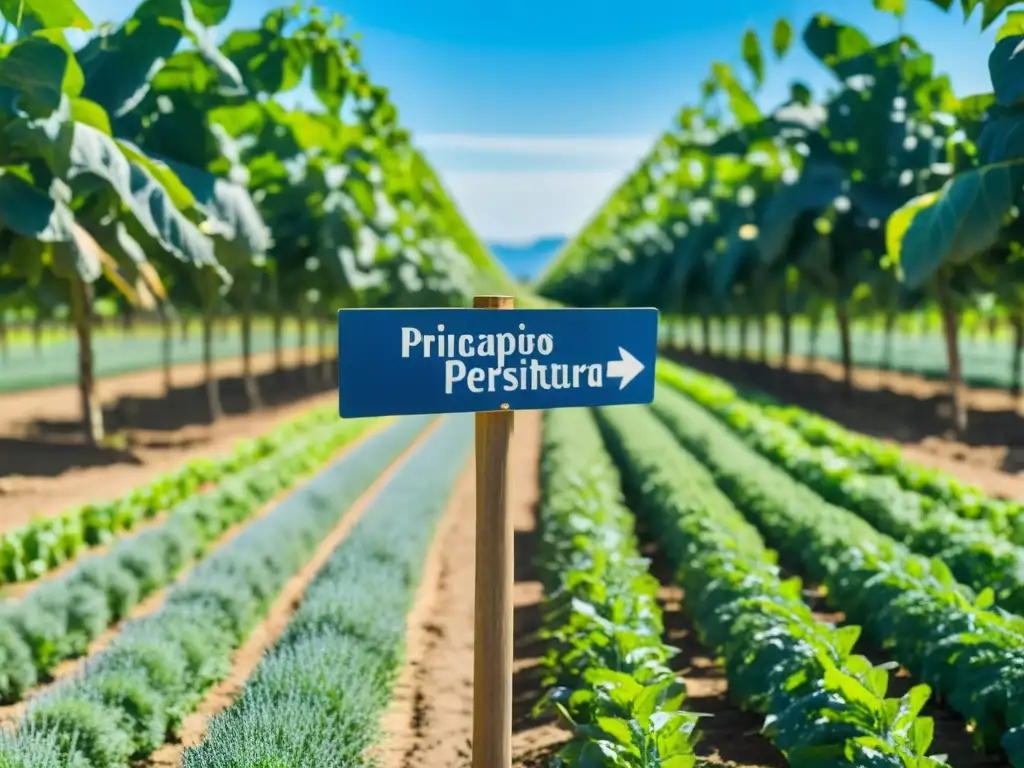Principios de Permacultura: Armonía en la Granja Orgánica Granja orgánica bañada por el sol con cultivos verdes en hileras, árboles frondosos y un cielo azul claro