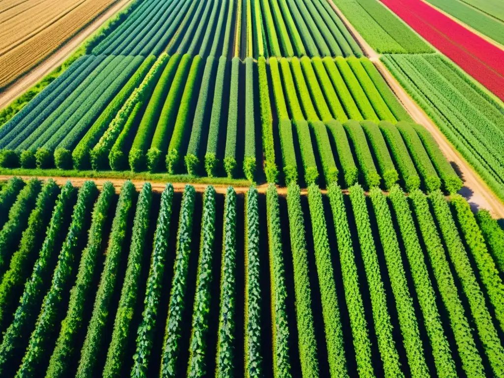 Una granja orgánica bañada por el sol con campos verdes exuberantes y cultivos coloridos