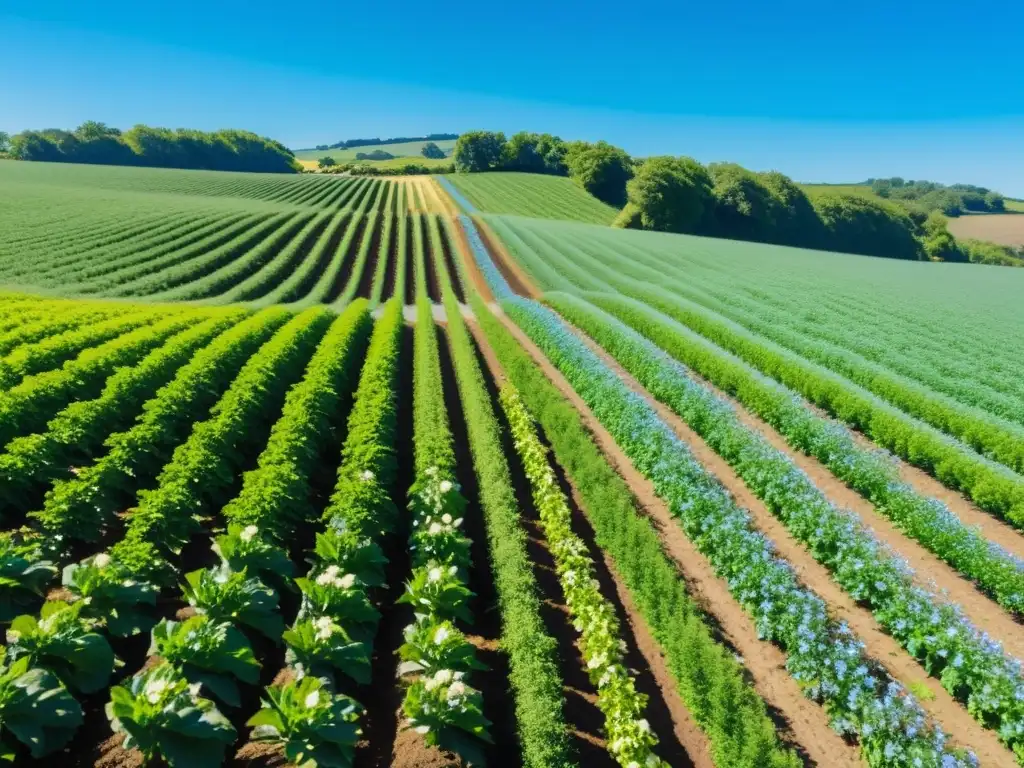 Una granja orgánica bañada por el sol, con cultivos verdes y vibrantes que se extienden hasta el horizonte