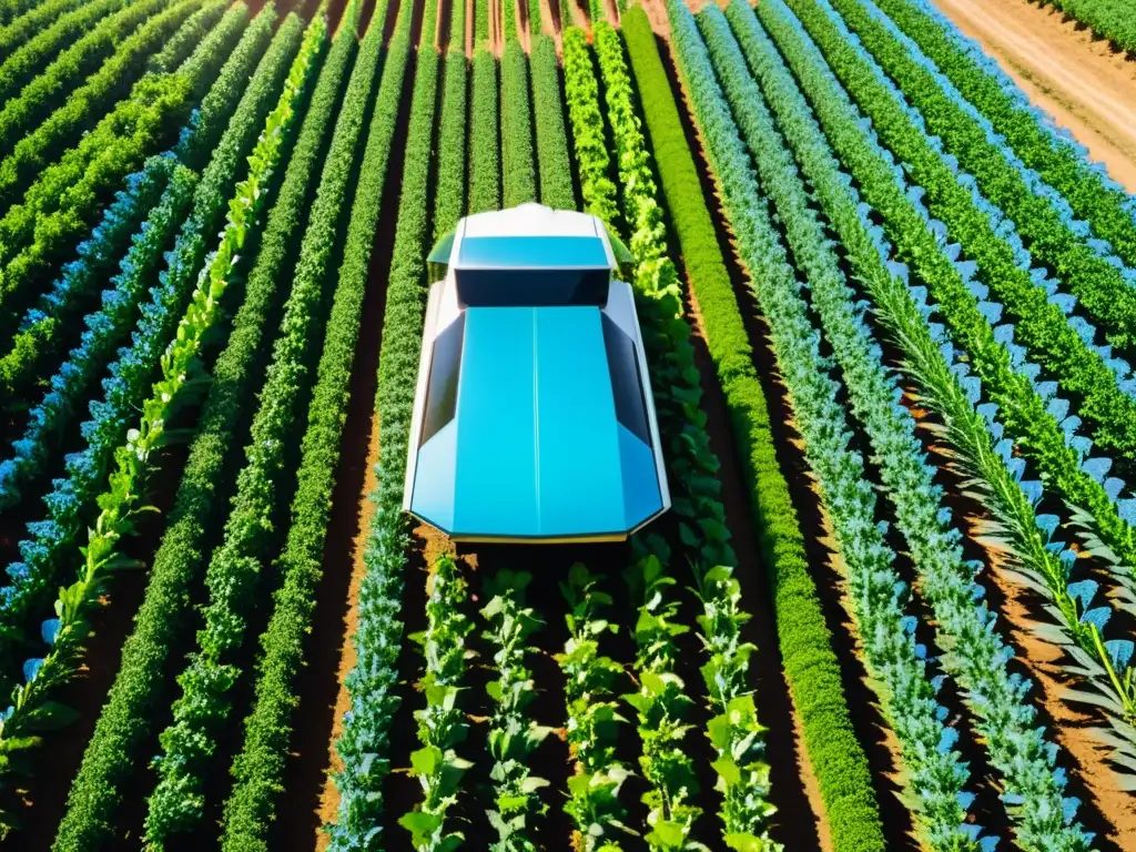 Una granja orgánica bañada por el sol con cosechas verdes y una moderna máquina de cosecha