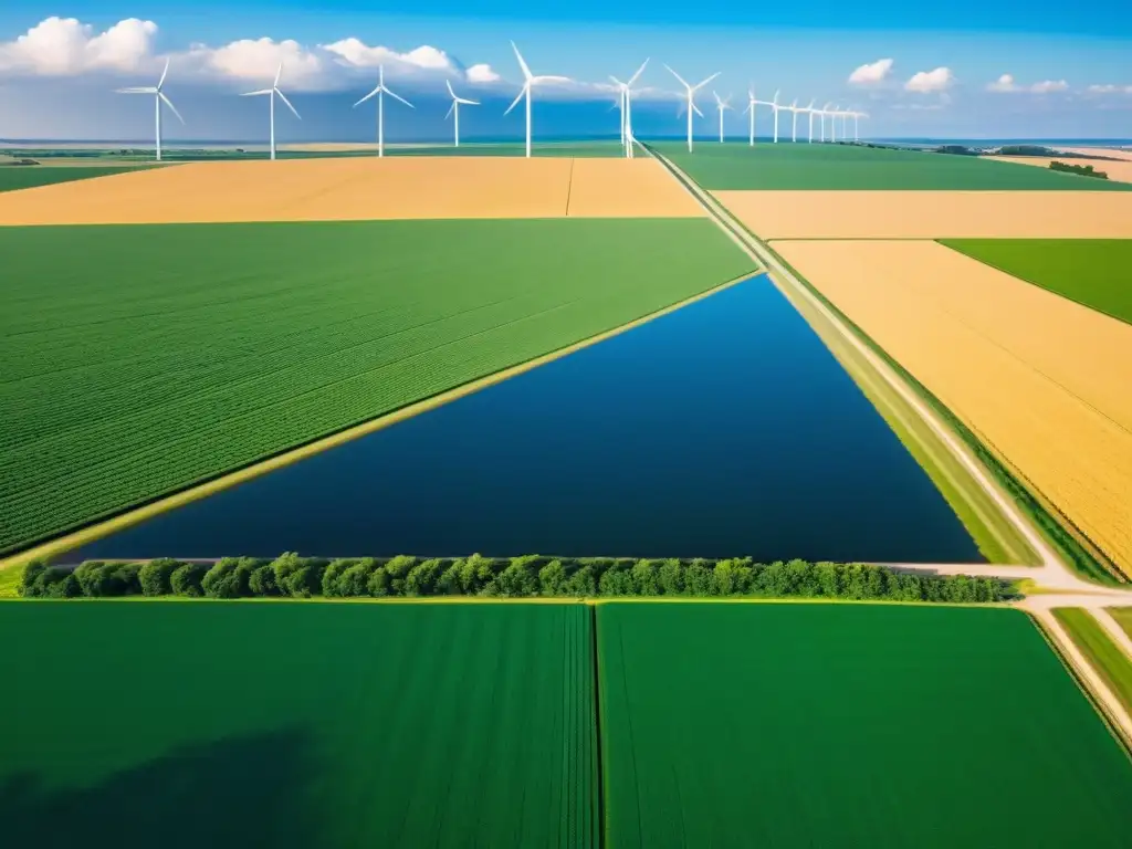 Granja orgánica bañada por el sol con cultivos verdes y modernas energías renovables