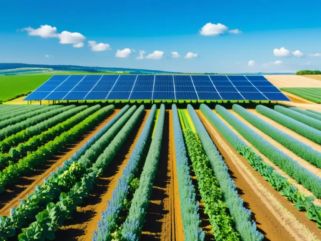 Granja orgánica bañada por el sol con cultivos verdes y paneles solares integrados