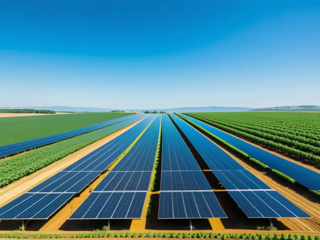 Una granja orgánica bañada por el sol con paneles solares, fusionando lo tradicional con lo moderno