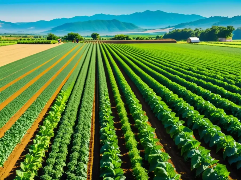 Una granja orgánica bañada por el sol con cultivos verdes y un sistema de riego de alta tecnología