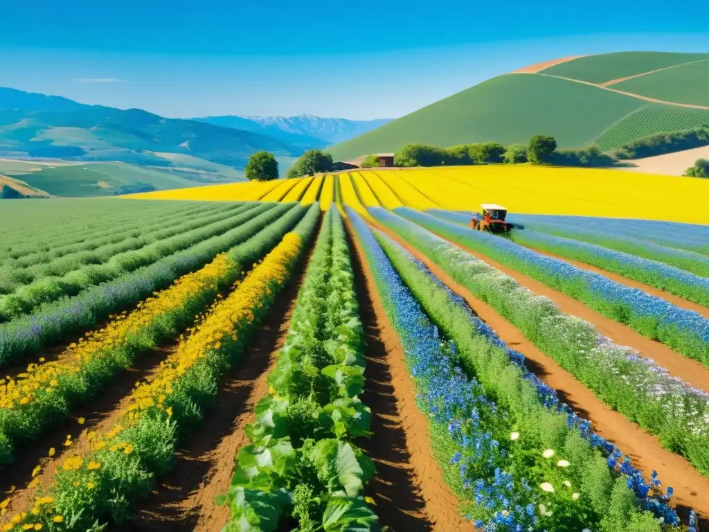 Una granja orgánica bañada por el sol, con campos verdes que se extienden hasta el horizonte, bajo un cielo azul y colinas lejanas