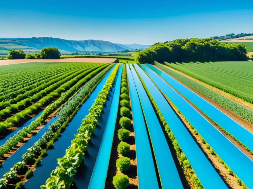 Una granja orgánica bañada por el sol, con cultivos verdes y saludables que reflejan la importancia de la sostenibilidad en la agricultura orgánica