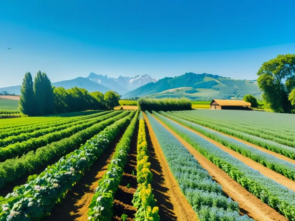 Una granja orgánica bañada por el sol, con campos verdes y cultivos vibrantes, árboles frutales y una casa de campo al fondo