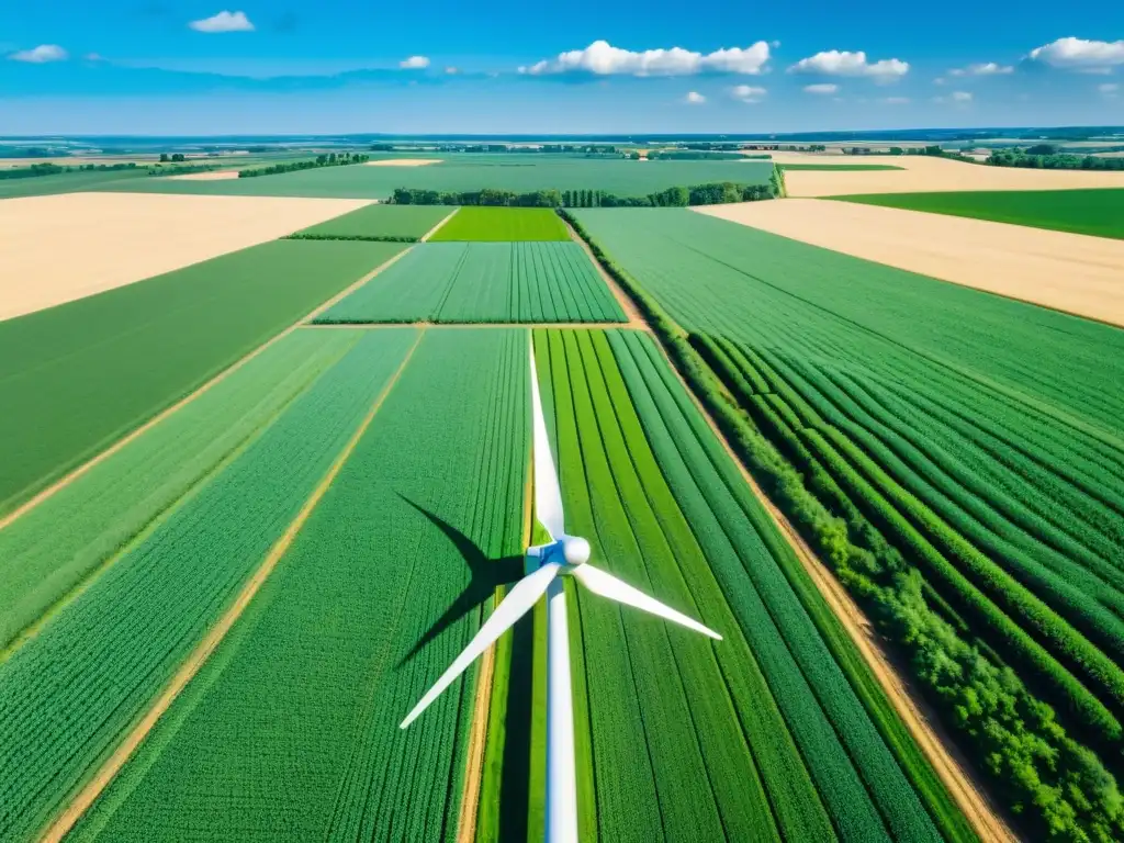 Una granja orgánica bañada por el sol con cultivos verdes y un molino de viento girando suavemente