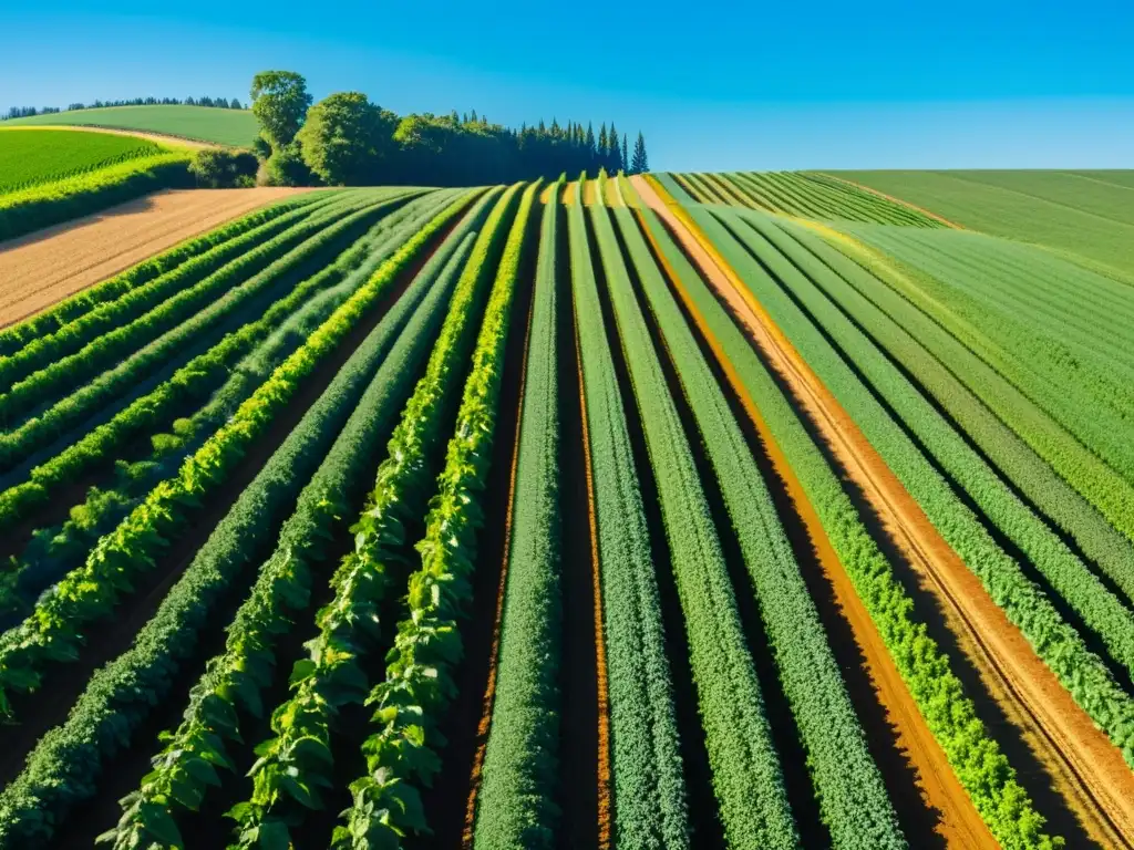 Una granja orgánica bañada por el sol, con campos de cultivos exuberantes