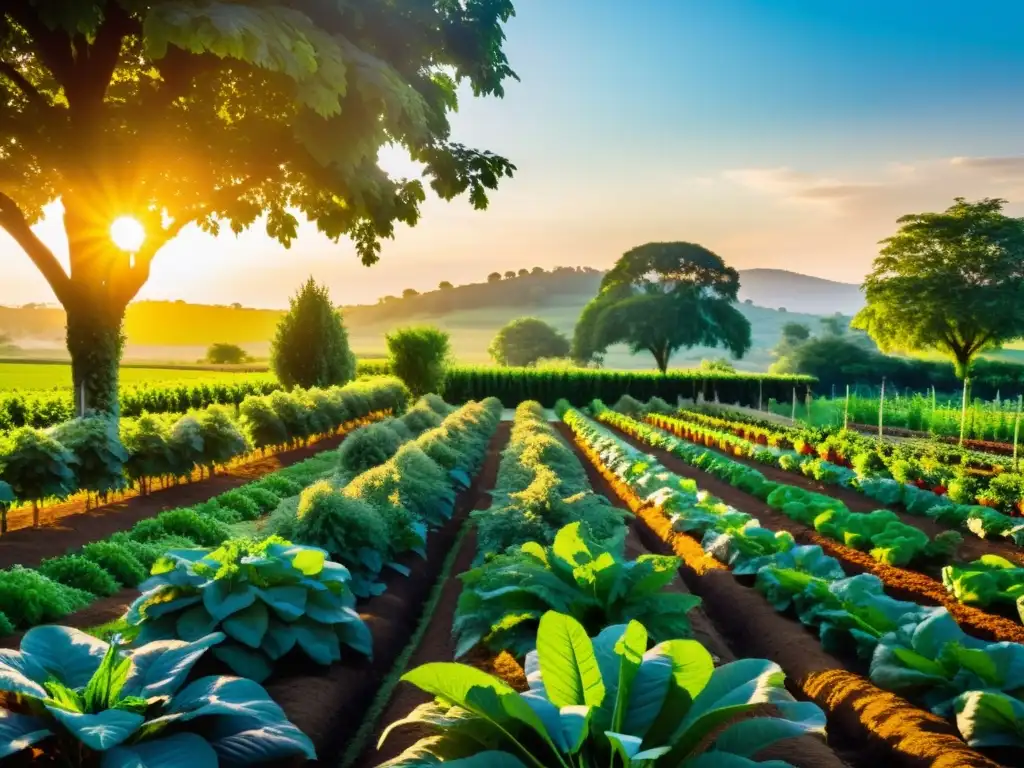 Granja orgánica con biodiversidad, beneficios alimentos orgánicos, fauna y flora en armonía al atardecer