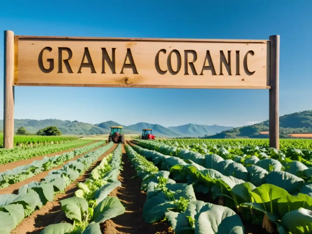 Granja orgánica con campos verdes y trabajadores