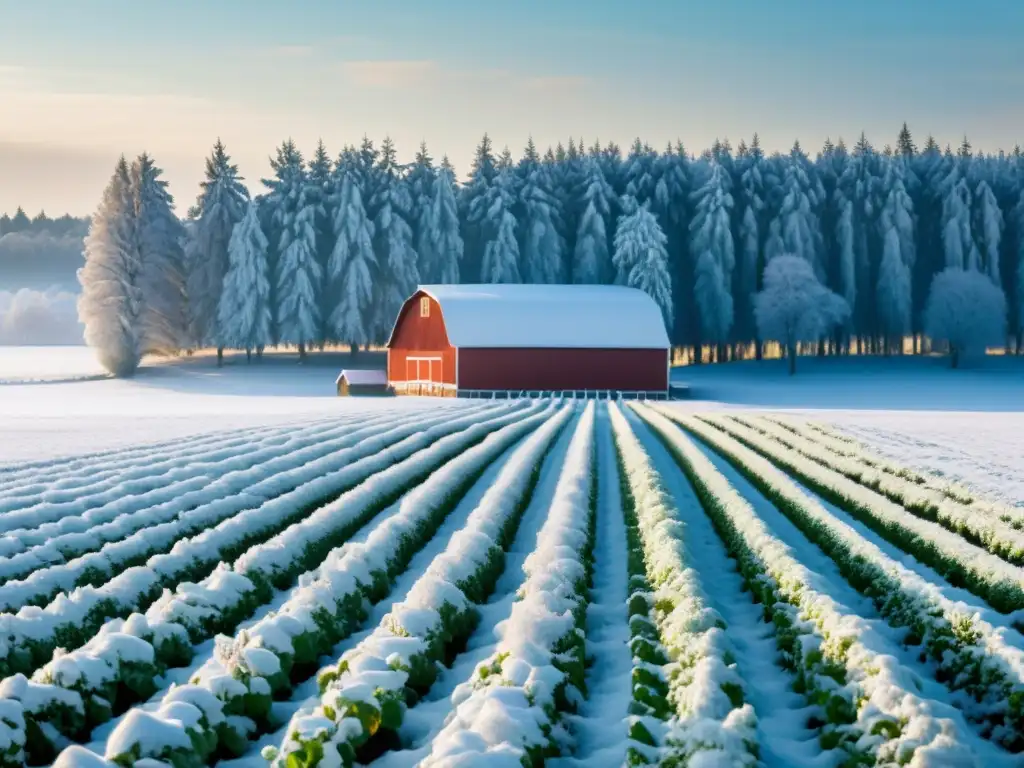 Una granja orgánica cubierta de nieve muestra cuidados cultivos y árboles nevados